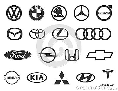 Logo of cars brand. Set of popular brands of car. Black automobile emblems at white background. Automotive industry leaders. Vector Illustration